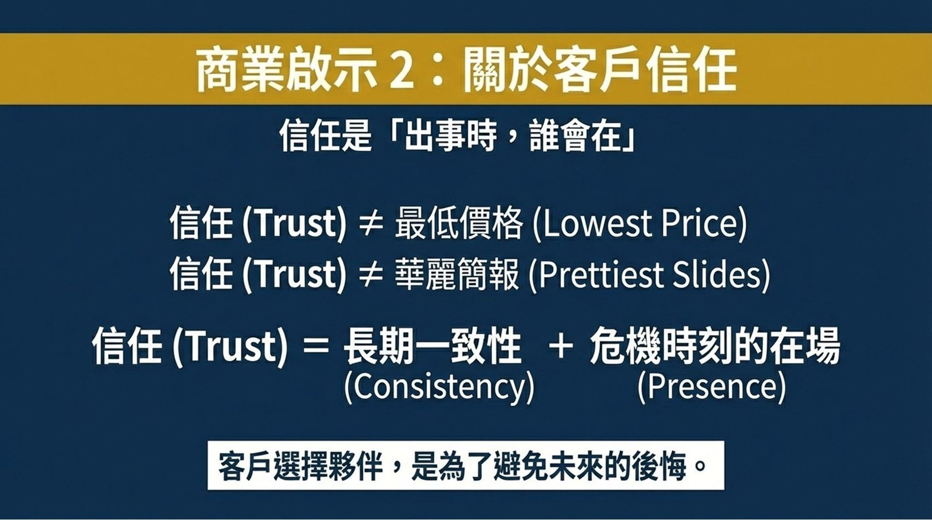 信任等於長期一致性加上危機時刻在場，而非最低價格或華麗簡報