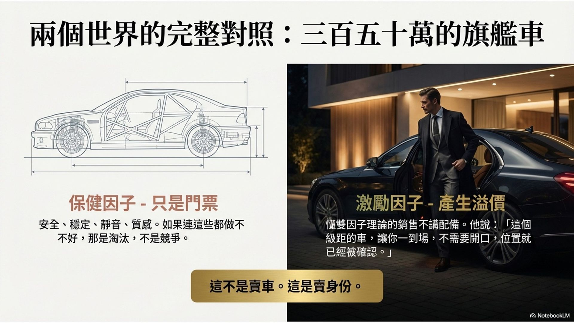 旗艦車銷售示意圖，說明保健因子與激勵因子的差異，安全與穩定只是基本，真正成交關鍵是身份與位置象徵