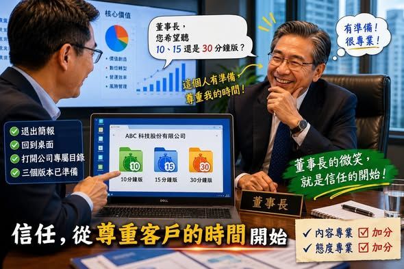 業務向董事長簡報時展示不同時長版本的簡報檔案，透過周全準備與尊重客戶時間，展現專業態度並建立信任關係