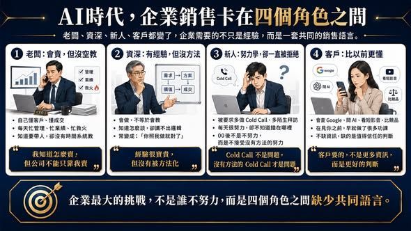 企業銷售團隊在AI時代面臨的四大困境，包括老闆沒空教、資深業務不會教、新人學不會以及客戶更專業，說明建立共同語言與銷售系統的重要性。