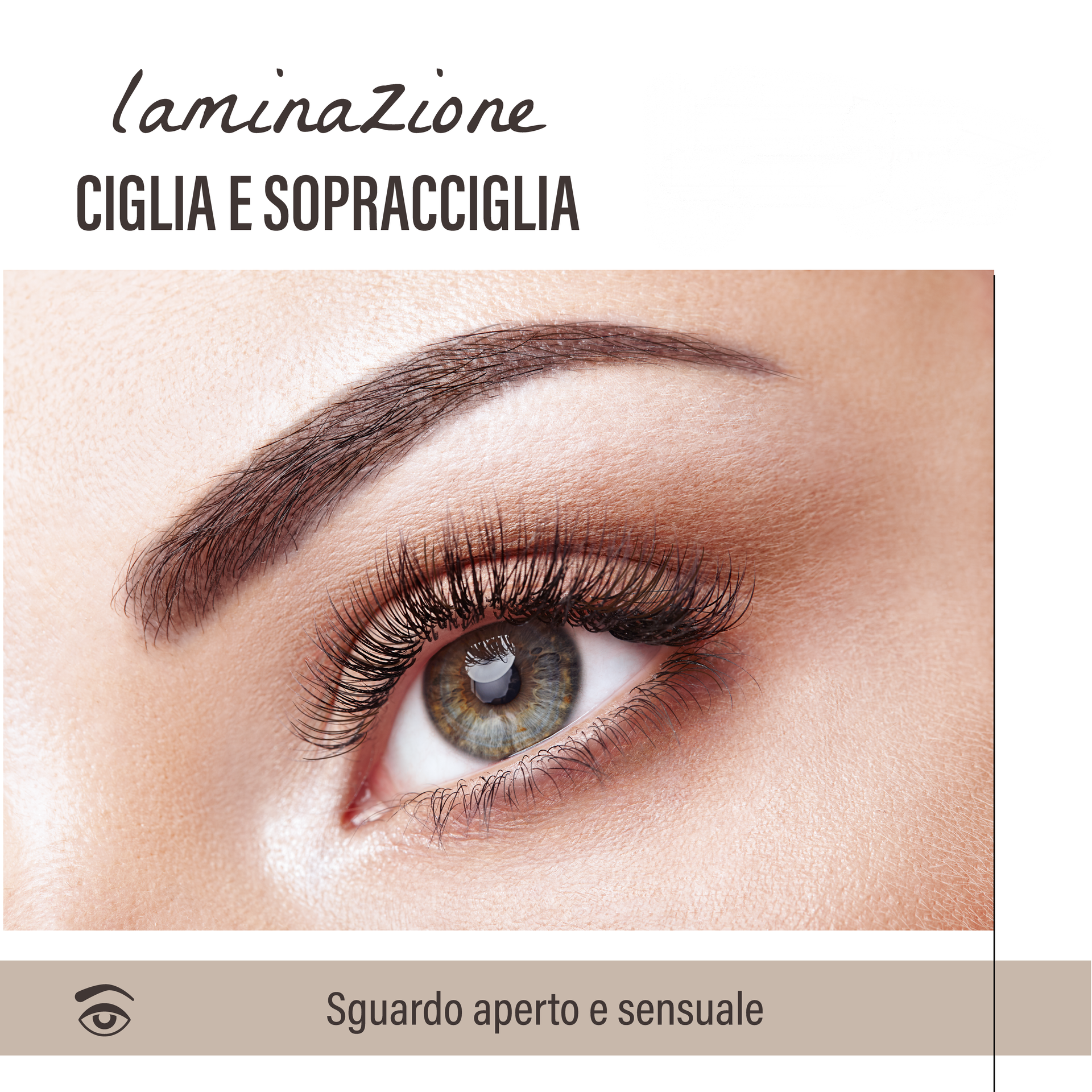 Un primo piano dell'occhio di una donna con la scritta laminazione ciglia sopracciglia sotto di esso