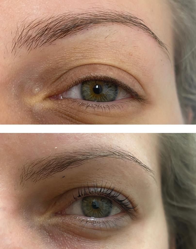 Una foto prima e dopo dell'occhio di una donna con e senza trucco.