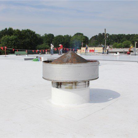 A white commercial roof with a vent, workers in the background. Blue sky, green trees.
