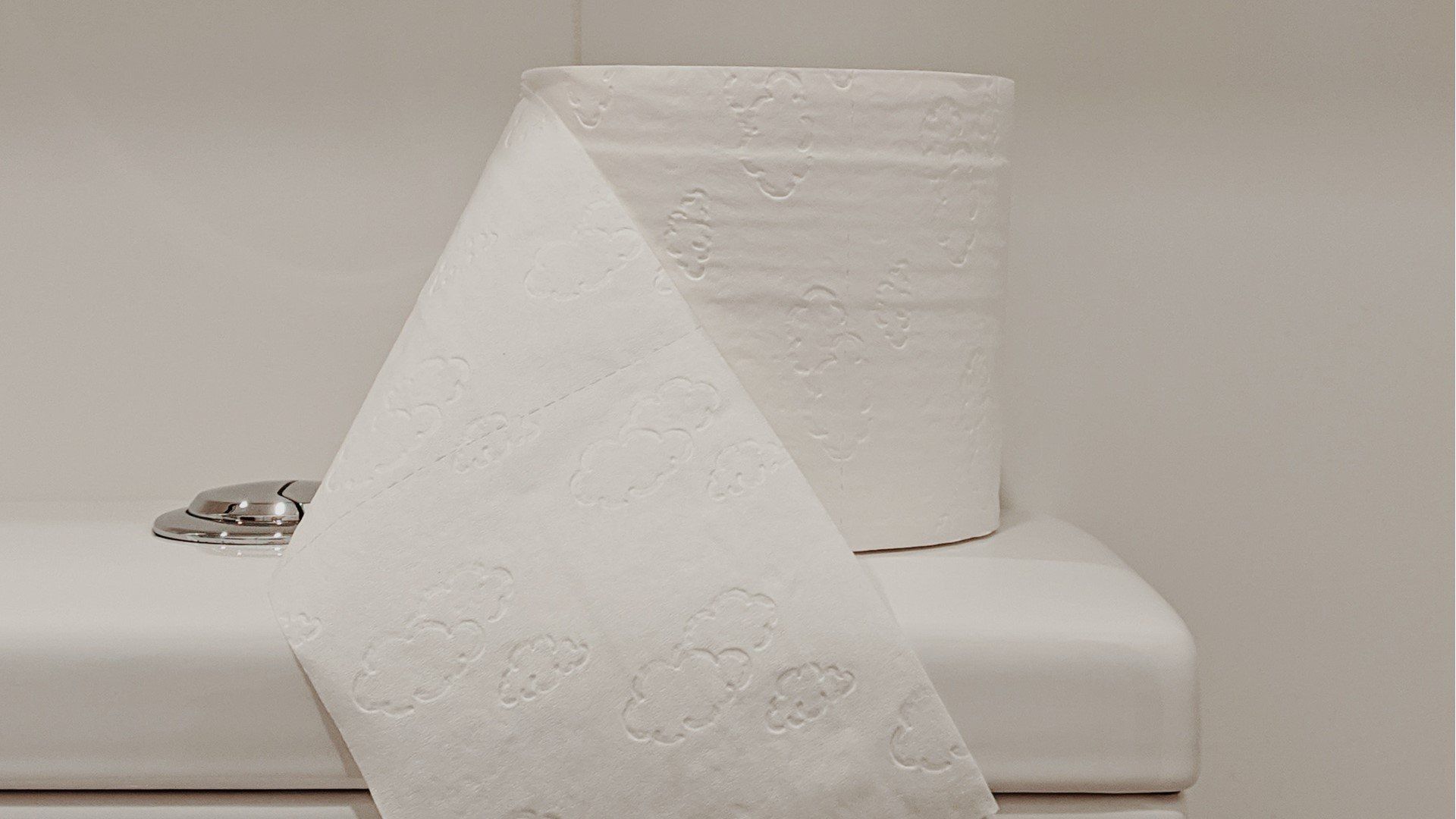 White roll of toilet paper, partially unrolled, sits on a white toilet seat.
