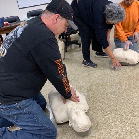 People practicing CPR on mannequins during a training session.