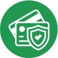Green circle with credit cards and a shield symbol, indicating secure payment.