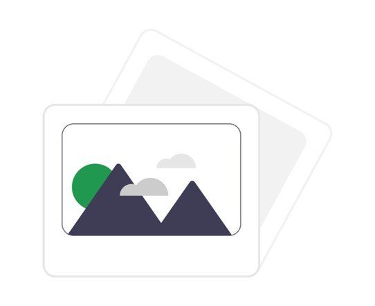 Mountains, green circle, and clouds within a white frame, with a second frame slightly behind.