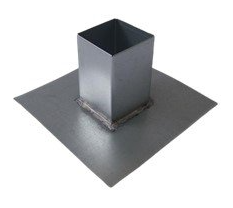Square metal flashing with a square tube rising from the center.