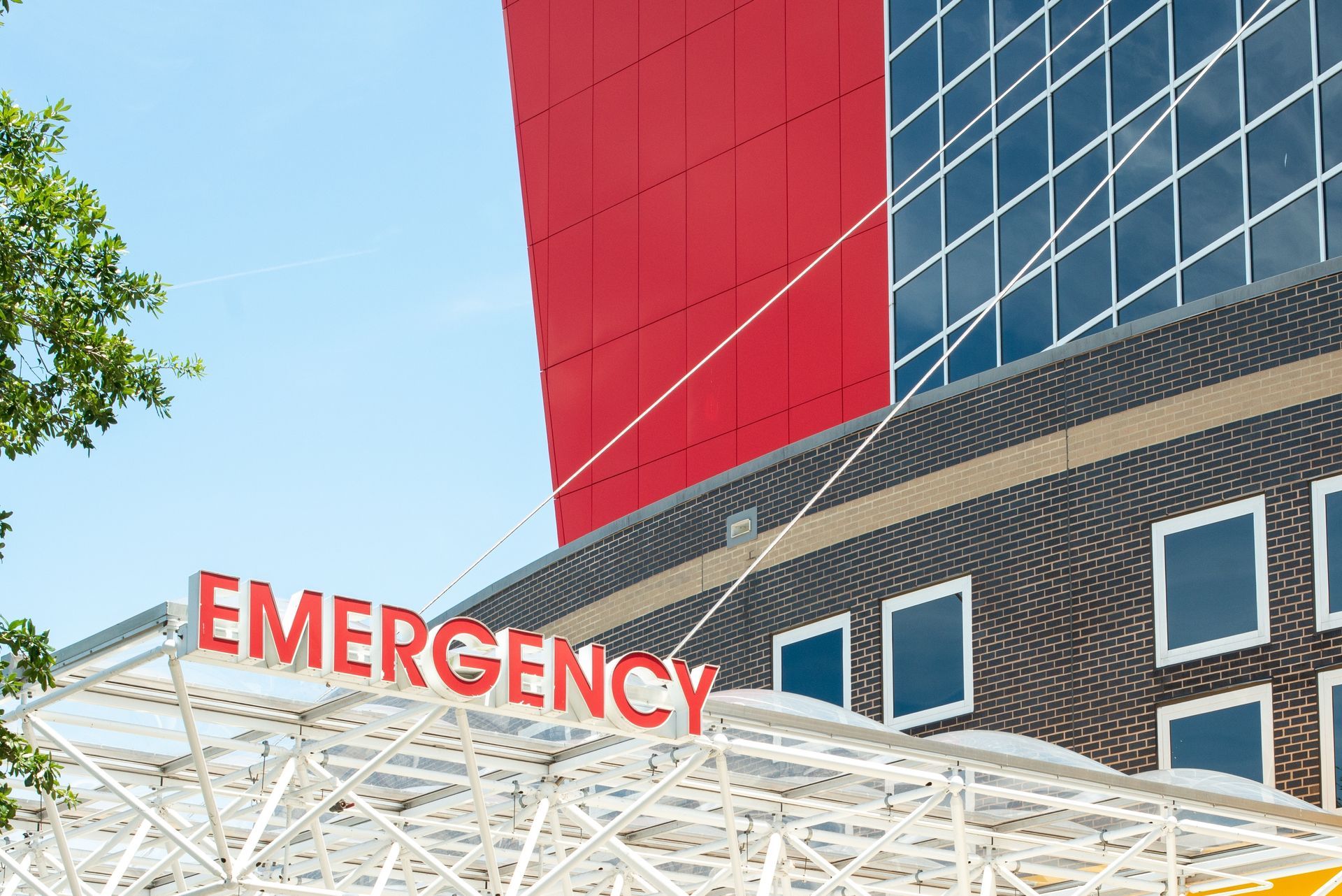 Emergency room entrance at a hospital, with a red 