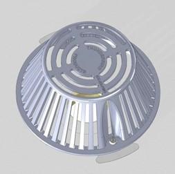 Silver, cone-shaped roof drain with circular grate and vertical slots.