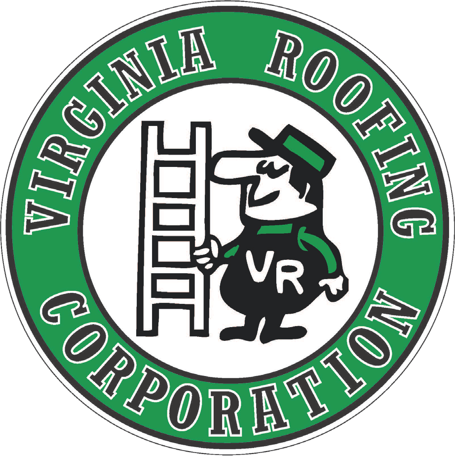 Logo for Virginia Roofing Corporation. A cartoon worker, ladder, and green text on a white and green circle.