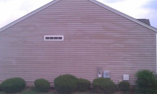 Tan horizontal vinyl siding on a house wall with a small rectangular window and foundation shrubs.