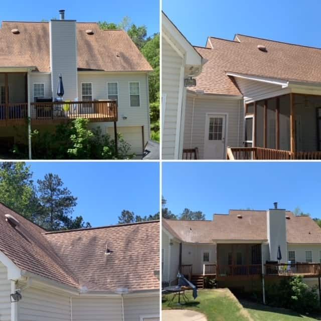 Four views of a suburban home exterior featuring a shingled roof, light siding, a wooden deck, and a chimney.
