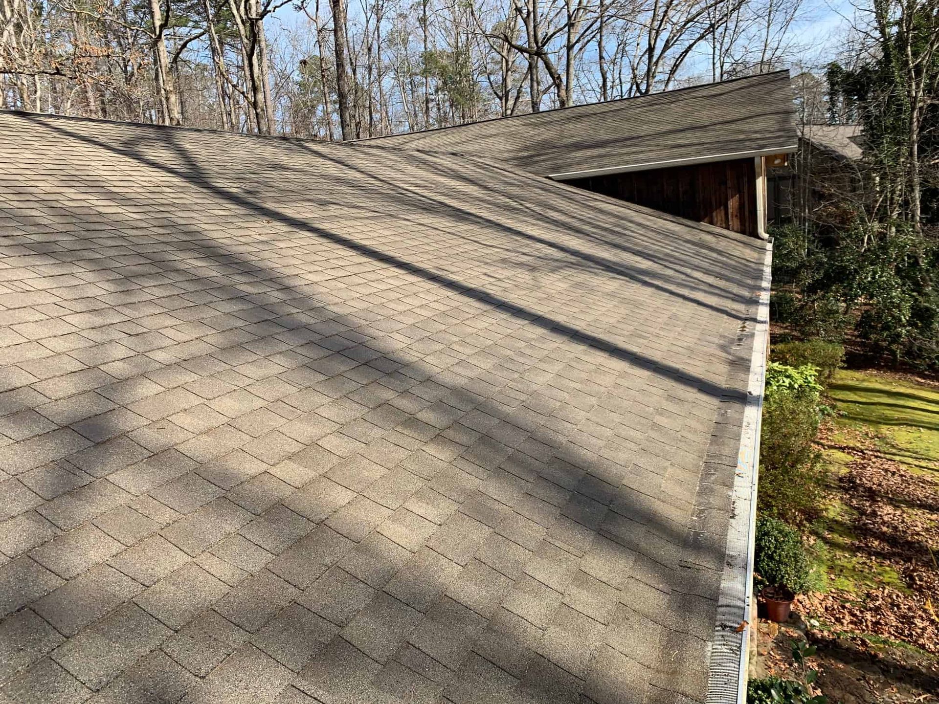 A view from above looking down the slope of a gray shingled roof towards the edge, with trees visible in the background.