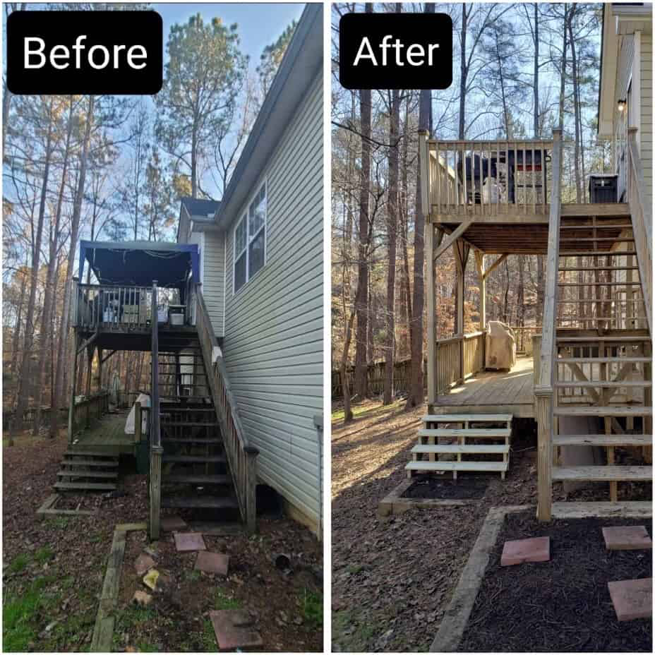 Before and after photo of a two-story wooden deck renovation, showing the removal of a blue tarp roof.