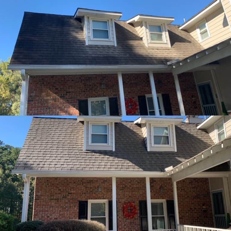 Before-and-after view of a house roof showing the removal of dark algae stains from the shingles.