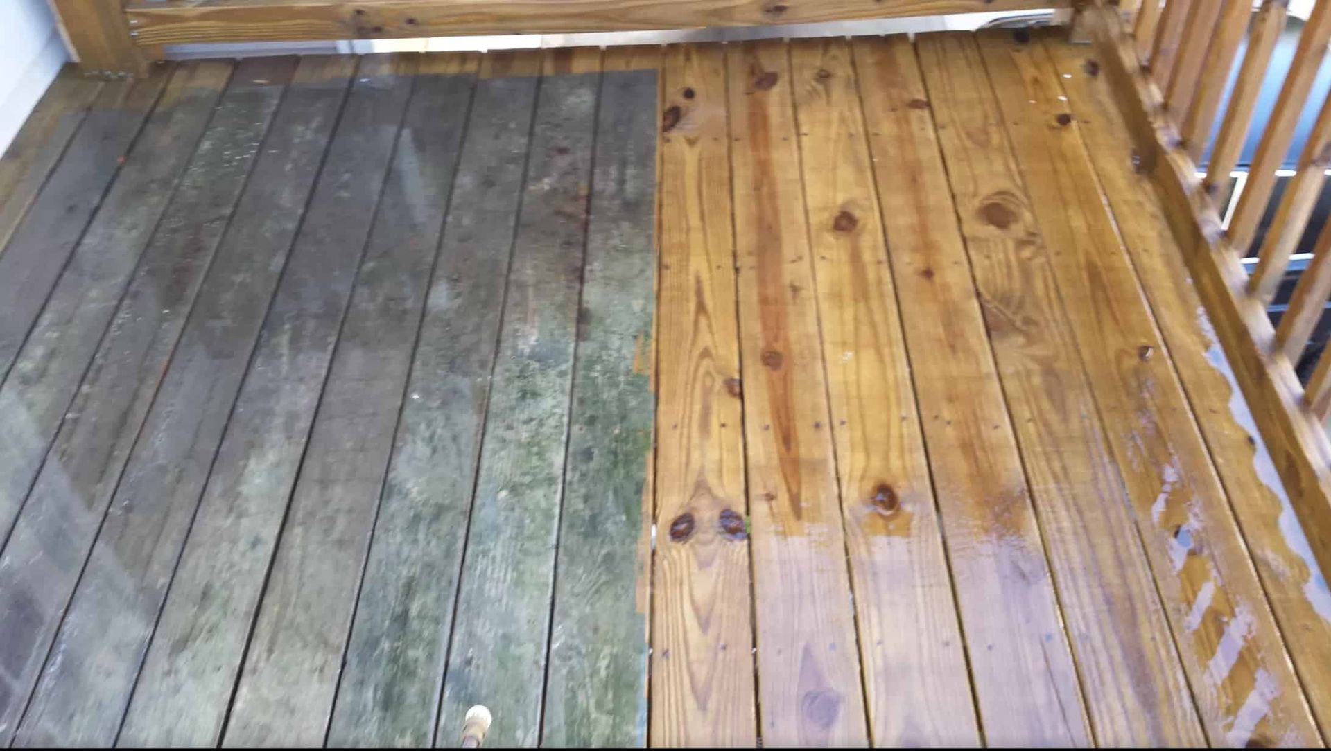 A split-view image showing a weathered, mossy wood deck on the left contrasted with a freshly power-washed, clean section.