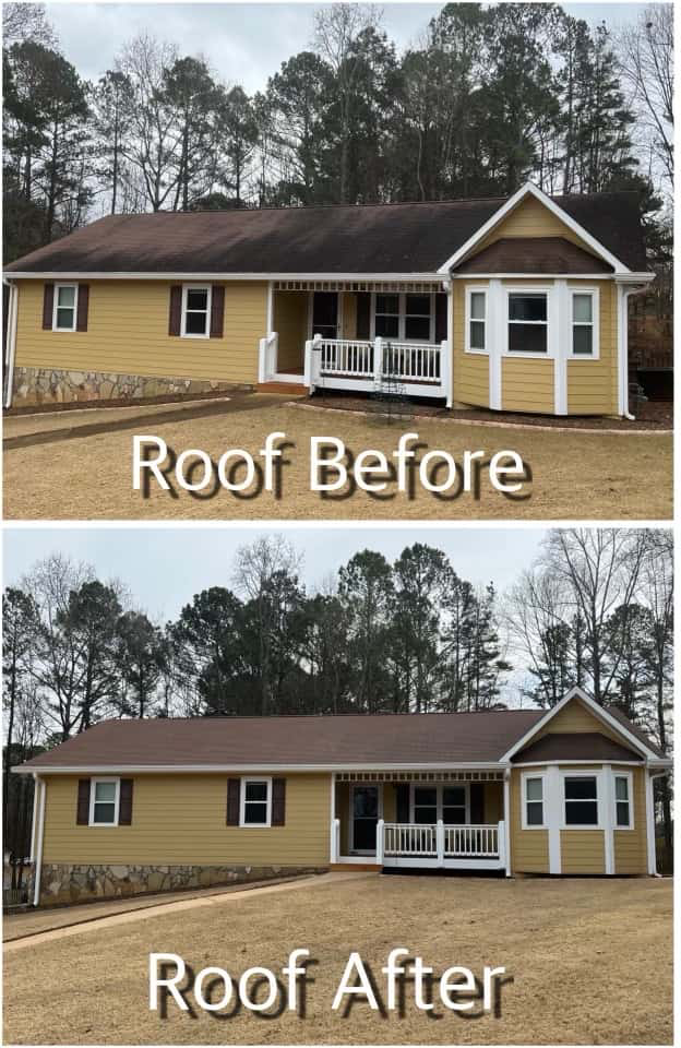 Before and after photos of a yellow house showing a roof replacement, transitioning from dark, stained shingles to new.