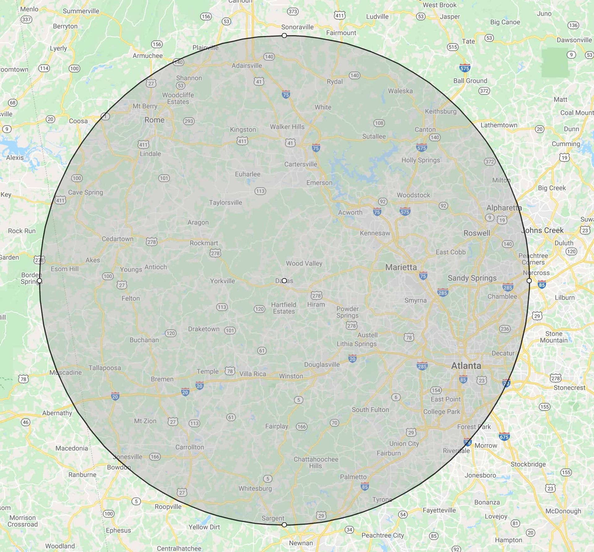 A map centered on the Nashville area with a large, shaded circle illustrating a specific geographic radius.