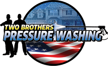 Logo for Two Brothers Pressure Washing featuring two silhouettes, a house, and an American flag inside a circular frame.