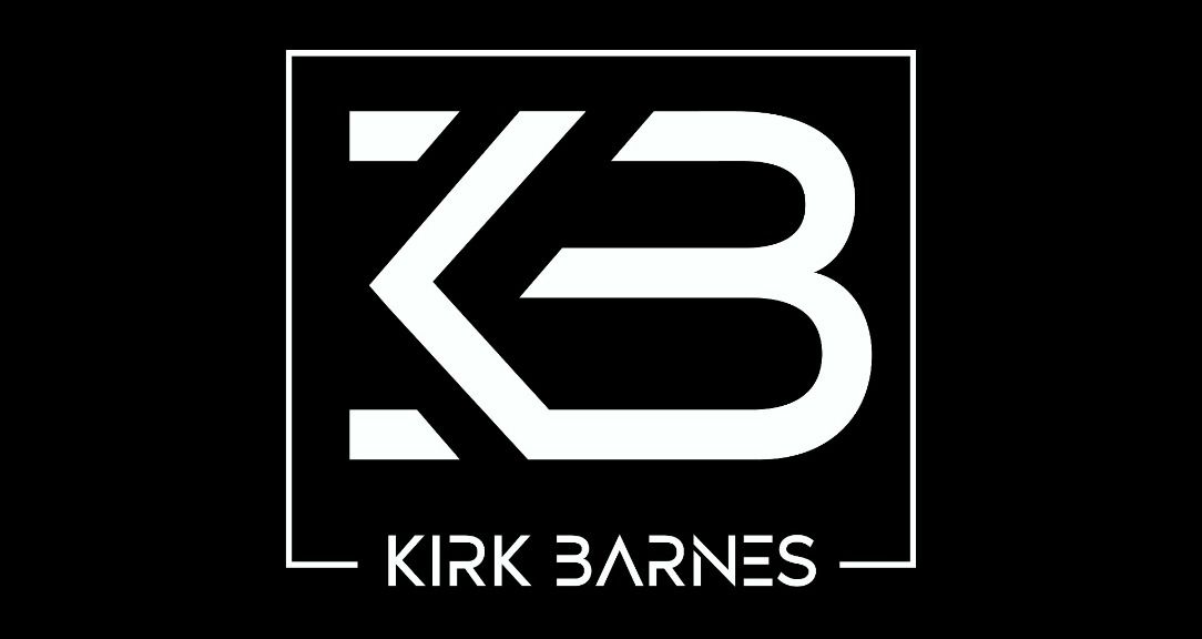 The logo for kirk barnes is white on a black background.