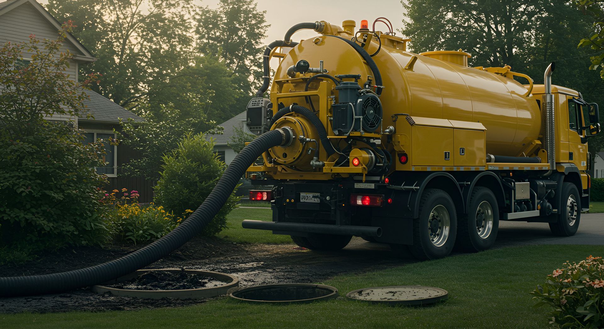 Truck has multiple valves, pumps, and mechanical components on rear. Truck has multiple valves, pumps, and mechanical components on rear.