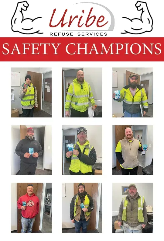 A group of men are standing in front of a sign that says safety champions