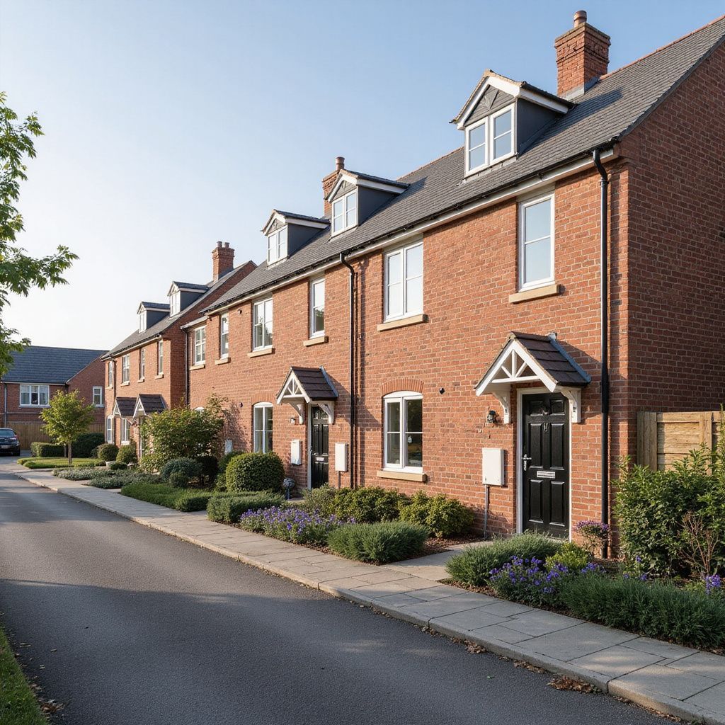 Row of modern brick townhouses along a quiet residential street in warm daylight