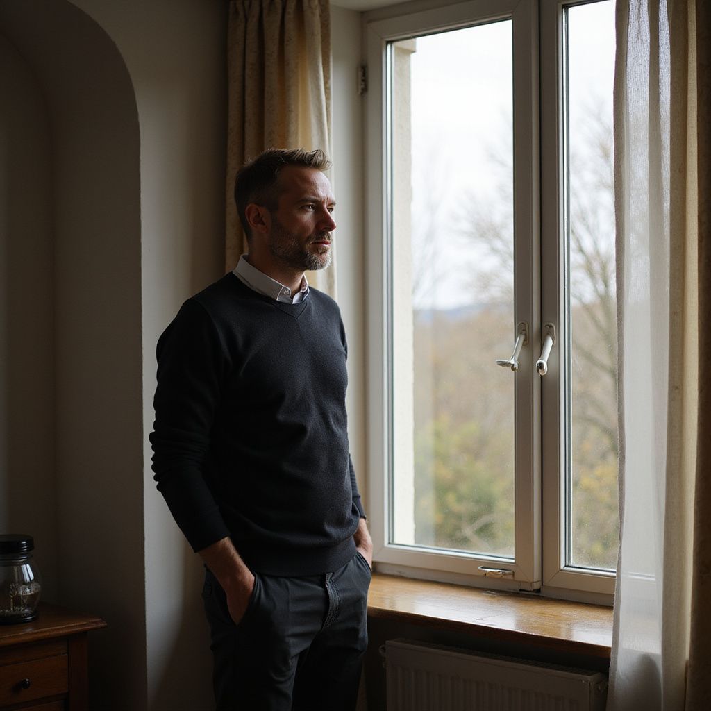 Man in a dark sweater stands by a window, looking outside with hands in pockets.