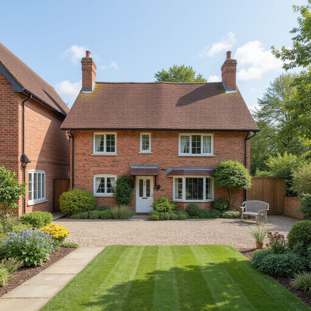 Brick house with a striped lawn, gravel driveway, and flower-lined front garden on a sunny day