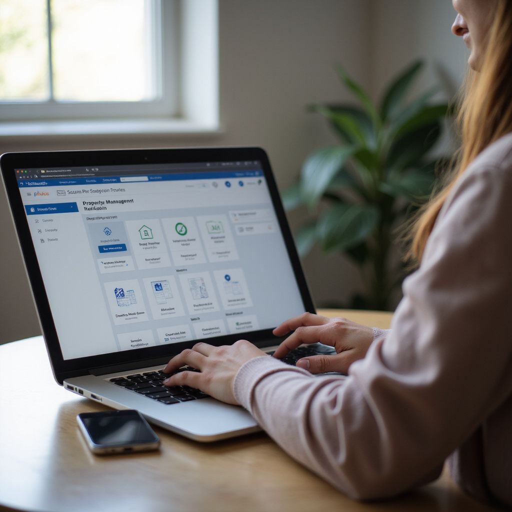 Woman typing on a laptop with a property management dashboard open, smartphone nearby.
