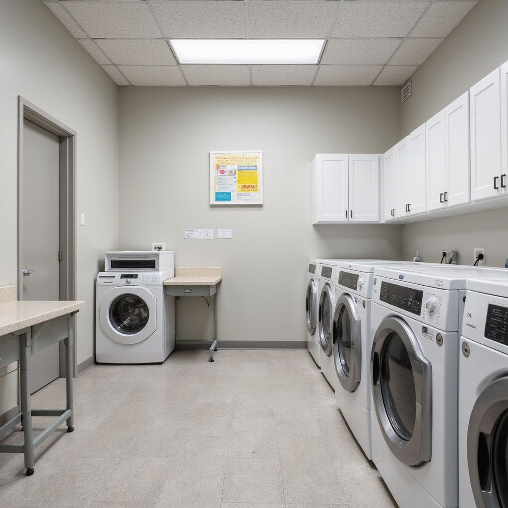 Laundry room with multiple washers and dryers, white cabinets, and a table.