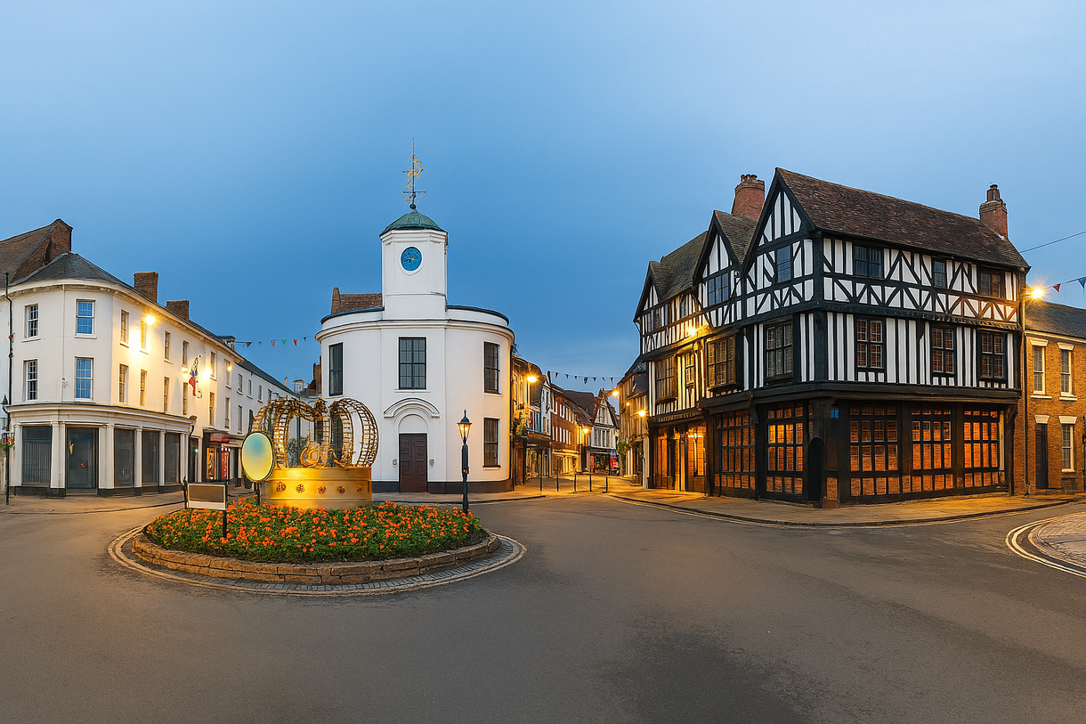 Town square with buildings, a white clock tower, and a roundabout with flowers. Cloudy sky at dusk.