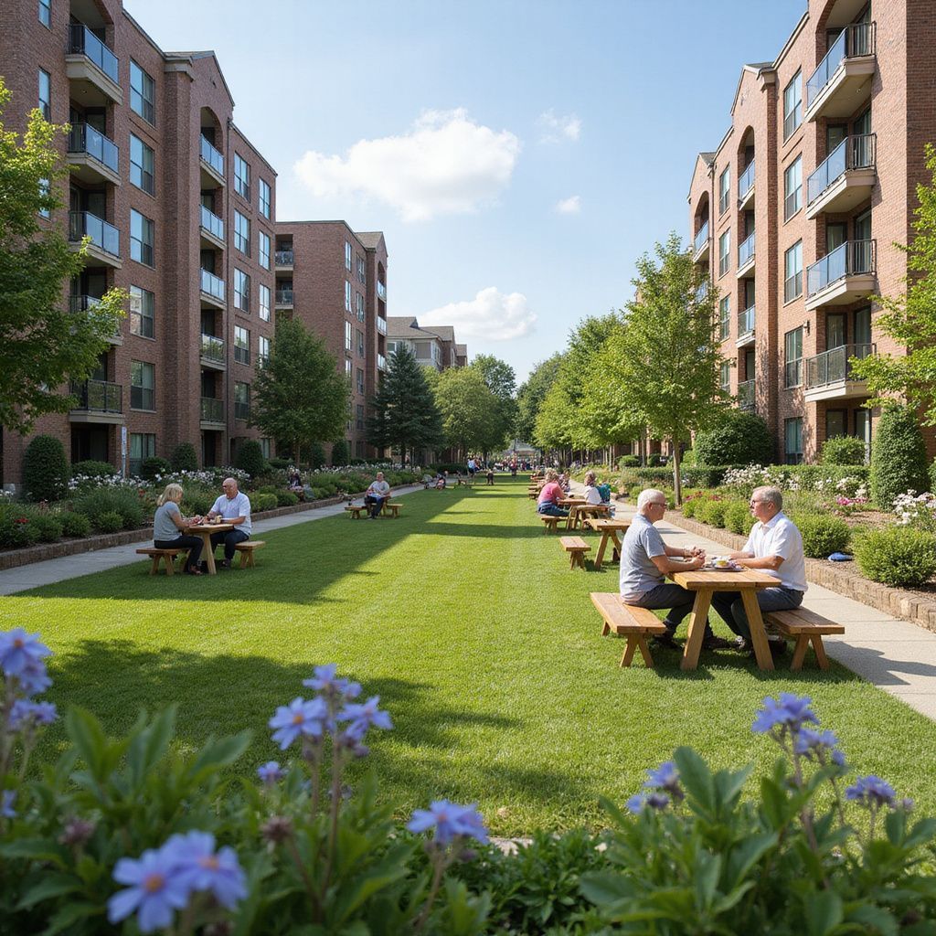 Lush green courtyard with people at picnic tables, flanked by brick apartment buildings, sunny day.