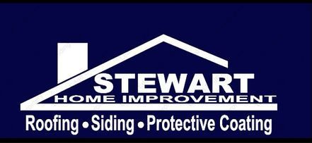 Logo for Stewart Home Improvement featuring a white house outline, dark blue background, and text.