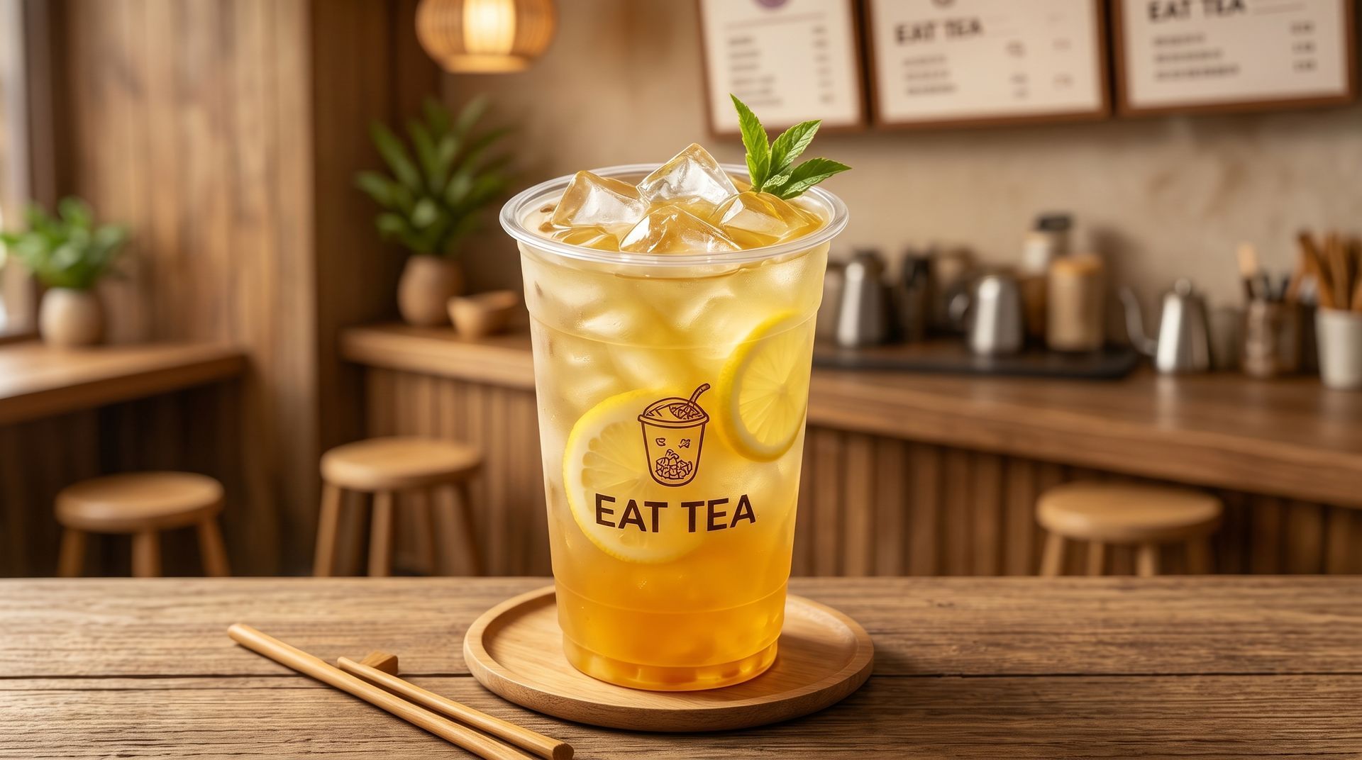 Iced tea in a clear cup with lemon slices on a wooden table in a cozy café