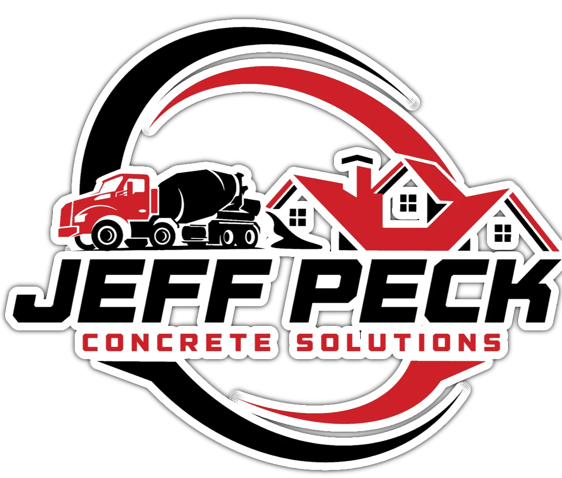 Logo for Jeff Peck Concrete Solutions featuring a red cement truck, house icons, and black and red curved accents.