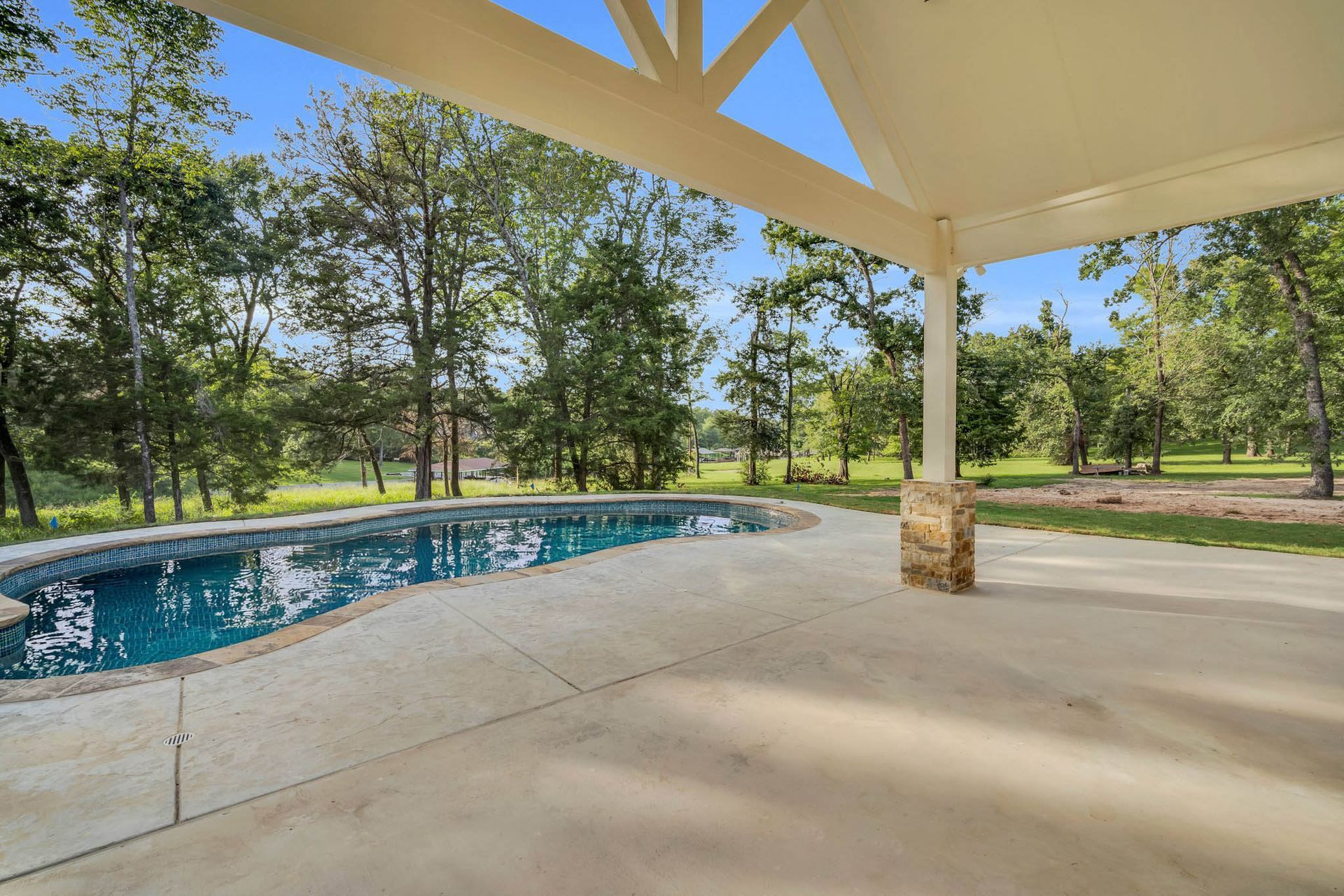 covered patio with pool and outdoor living space