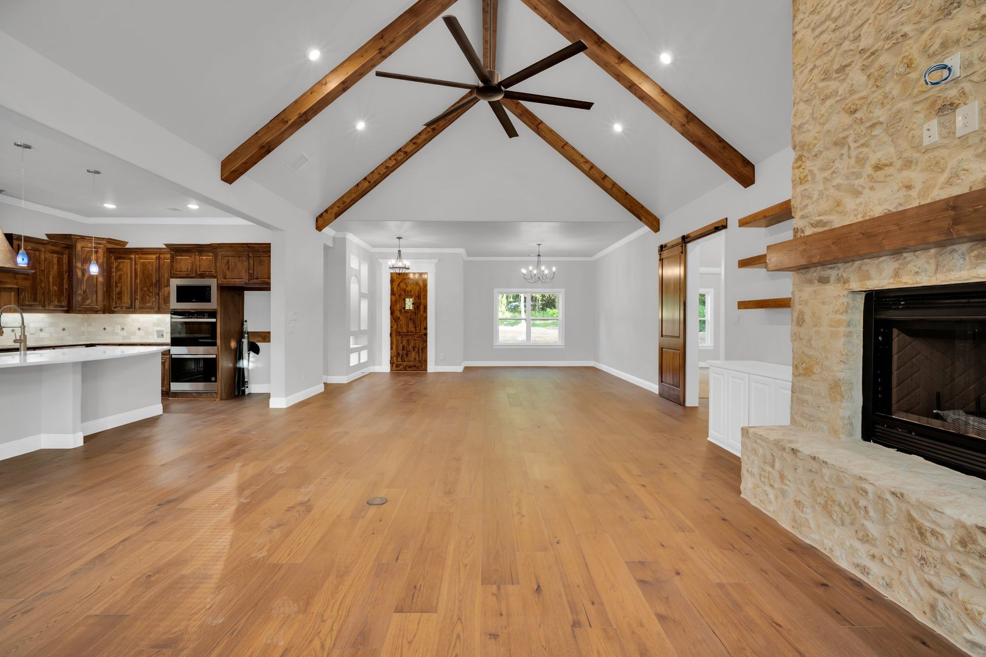 living room with wood beams North Texas