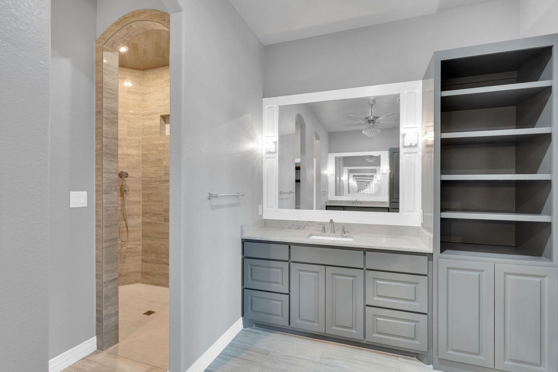 modern bathroom remodel with double vanity and storage