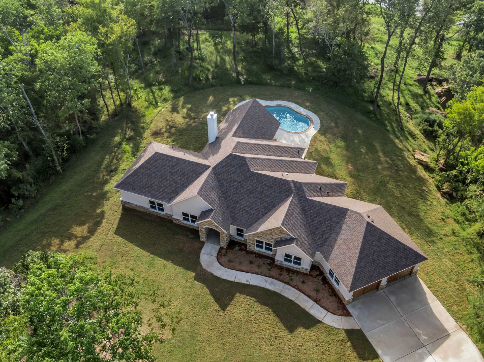 aerial view of custom home with backyard pool in North Texas