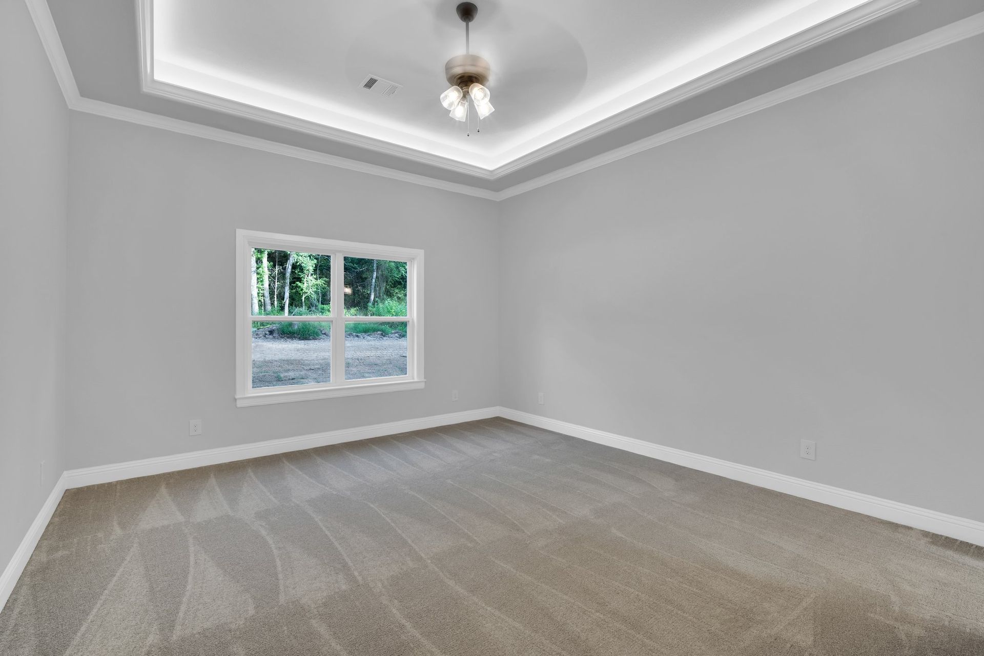 bedroom with tray ceiling and modern finishes