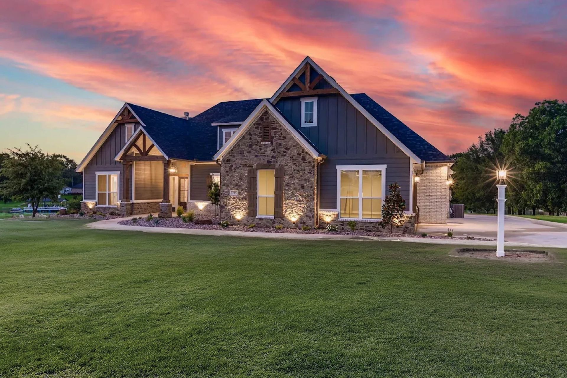 custom home exterior at sunset in North Texas