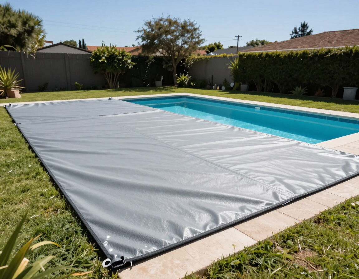 Piscina cubierta en el patio trasero con una cubierta de seguridad gris junto a un césped y una valla bordeada de setos.