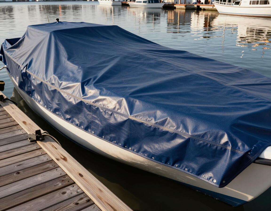Un barco cubierto con una lona azul amarrado a un muelle en aguas tranquilas.