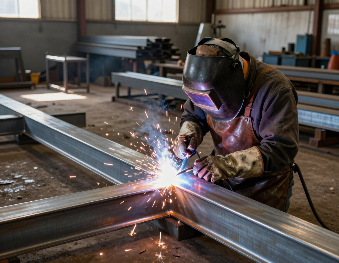 Un soldador con equipo de protección produce chispas en vigas de metal en un taller.