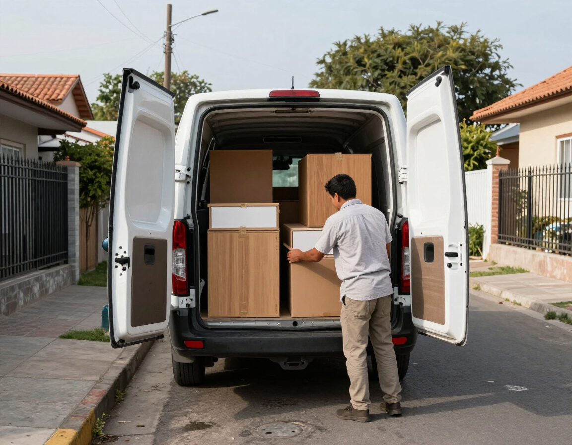 Un hombre carga cajas de cartón en una furgoneta blanca en una calle residencial.
