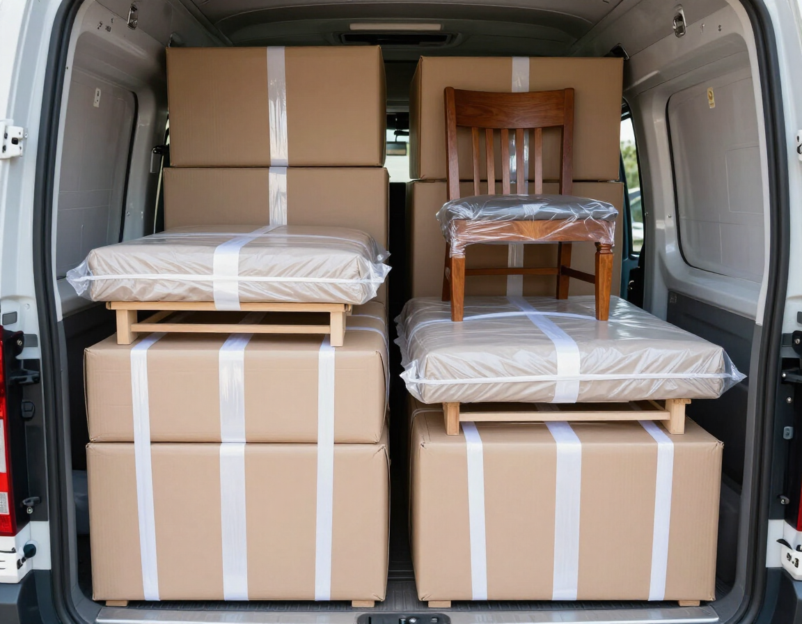 Cajas de cartón apiladas y una silla de madera cargadas en la parte trasera de una furgoneta.