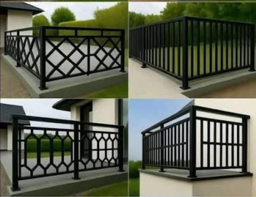 Cuatro barandillas de balcón de metal negro con diferentes diseños geométricos en un edificio moderno.