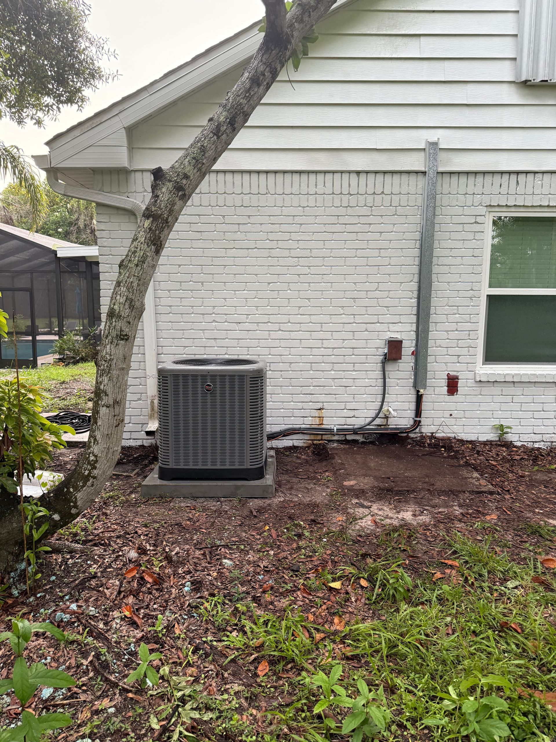 AC unit next to a house with white siding, near a tree. Ground covered with mulch and vegetation.